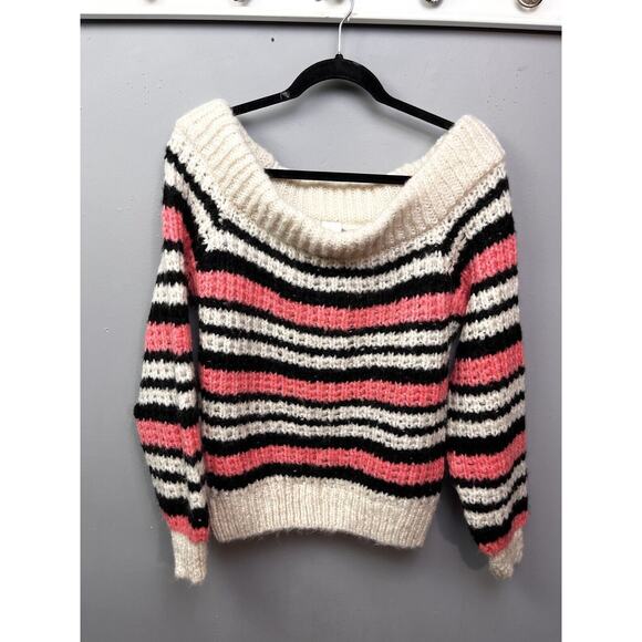 River Island Sweater Womens US 8‎ Loose Knit Off Shoulder Striped Mohair - Picture 1 of 8